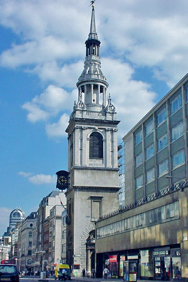 St Mary-le-Bow Church, built 1671-1680, one of Wren's "City Churches" built after the Great Fire of London.